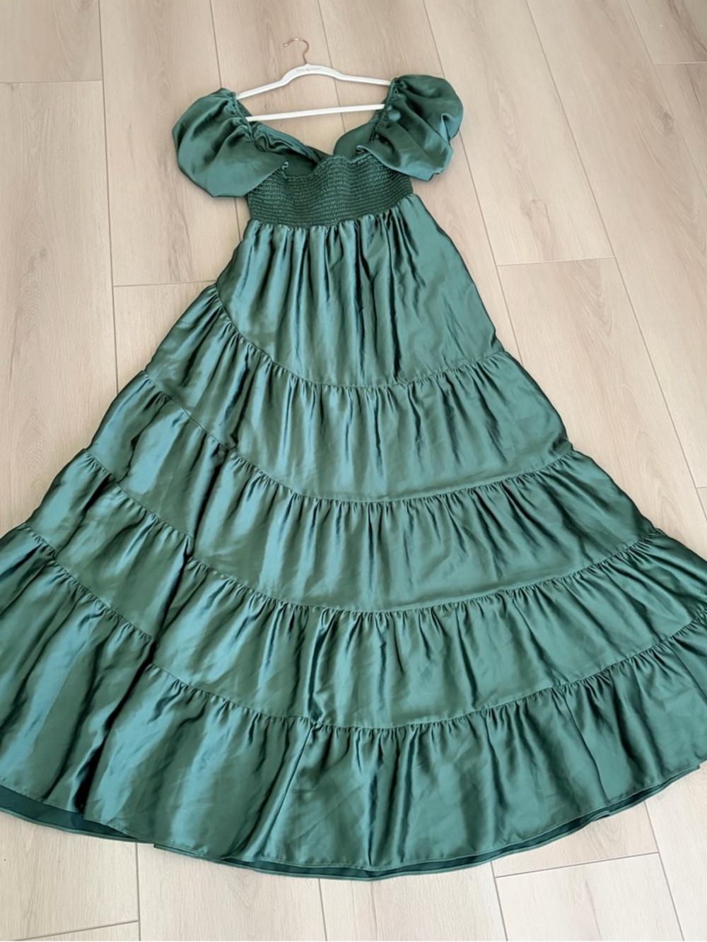 Free People Premium Sundrenched Silky Satin Maxi Tiered Dress Green Sage Large - Picture 12 of 12